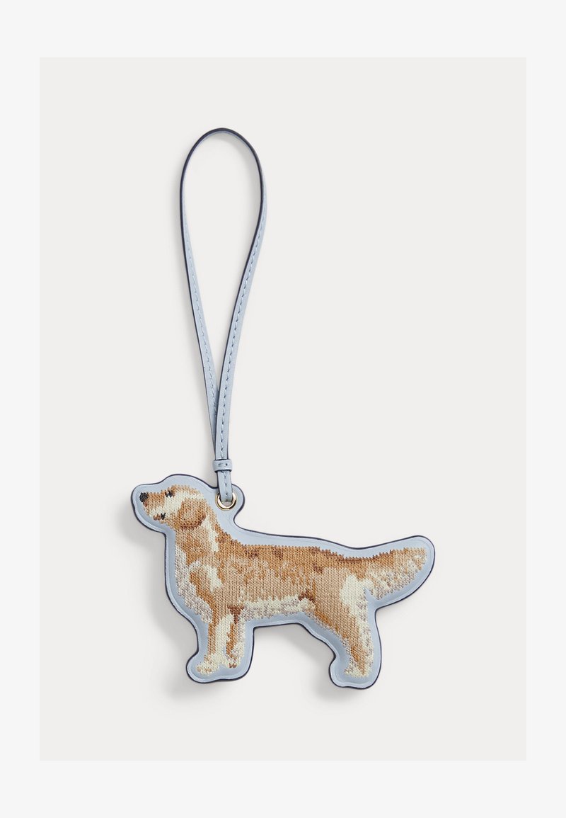 Nøglering med et syet design af en golden retriever-hund med en lyseblå læderkant og strop.