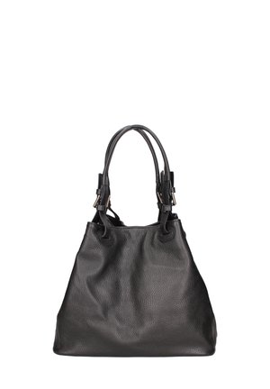 Borsa a mano in pelle nera con superficie texturizzata, cima arricciata, due lunghe cinghie e dettagli metallici. Presenta un design spazioso e morbido.