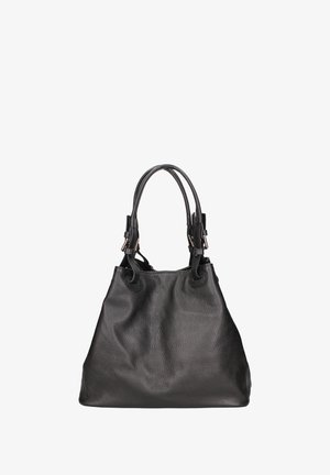 Borsa a mano in pelle nera con superficie texturizzata, cima arricciata, due lunghe cinghie e dettagli metallici. Presenta un design spazioso e morbido.