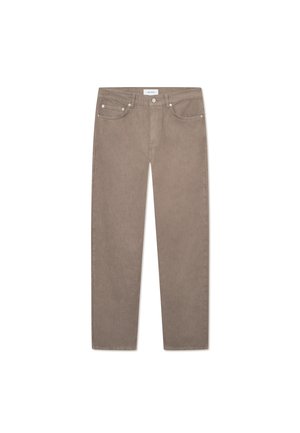 Taupe jeans with a straight fit, made from denim, featuring a button fly, five pockets, and silver-tone hardware. Smooth, textured finish.