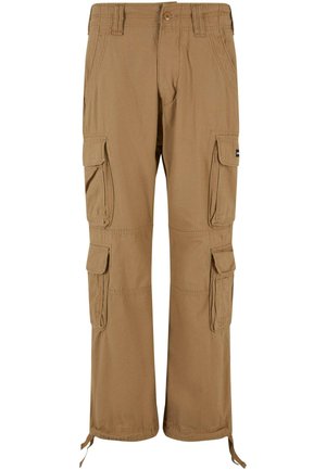 Khaki cargobukser med flere sidelommer, kraftigt stof, afslappet pasform, justerbare manchetter og forstærkede sømme.