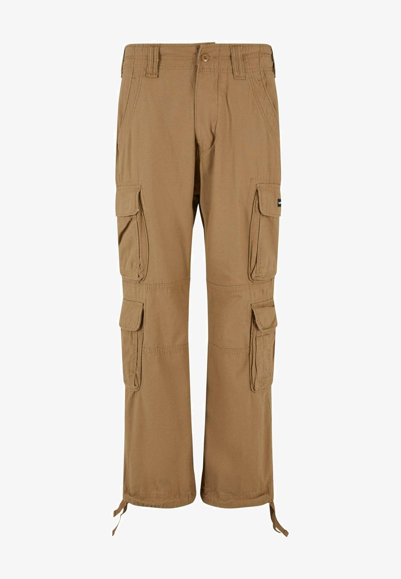 Khaki cargo nadrág több oldalzsebbel, strapabíró anyagból, laza fazonnal, állítható gallérral és megerősített varratokkal.