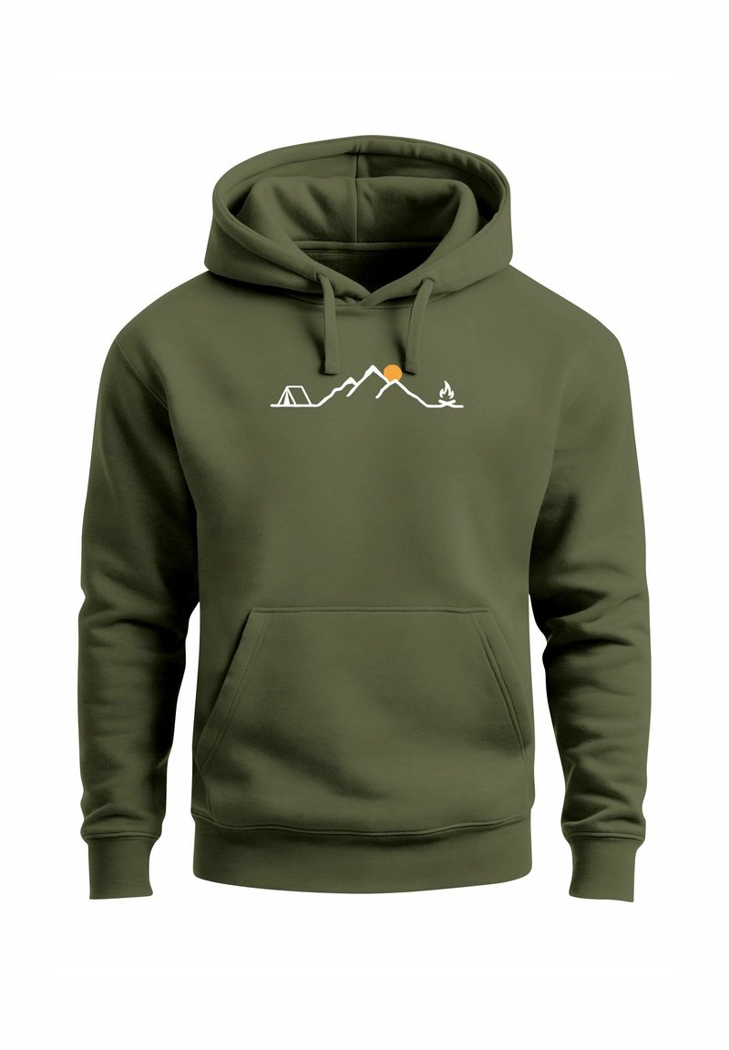 Green hooded sweatshirt with front pocket, featuring white mountain, tent, campfire, and orange sun graphic on chest.