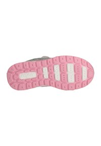Gray and pink sneaker sole with a textured pattern, featuring zigzag and rectangular shapes, made of rubber with white accents.