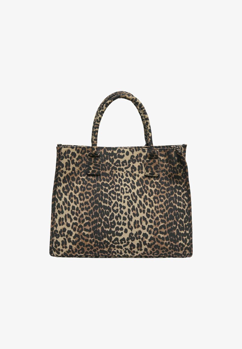 Borsa a spalla con stampa leopardata, dotata di due manici arrotondati, realizzata in tessuto resistente. Presenta una forma rettangolare e una base piatta per garantire stabilità.