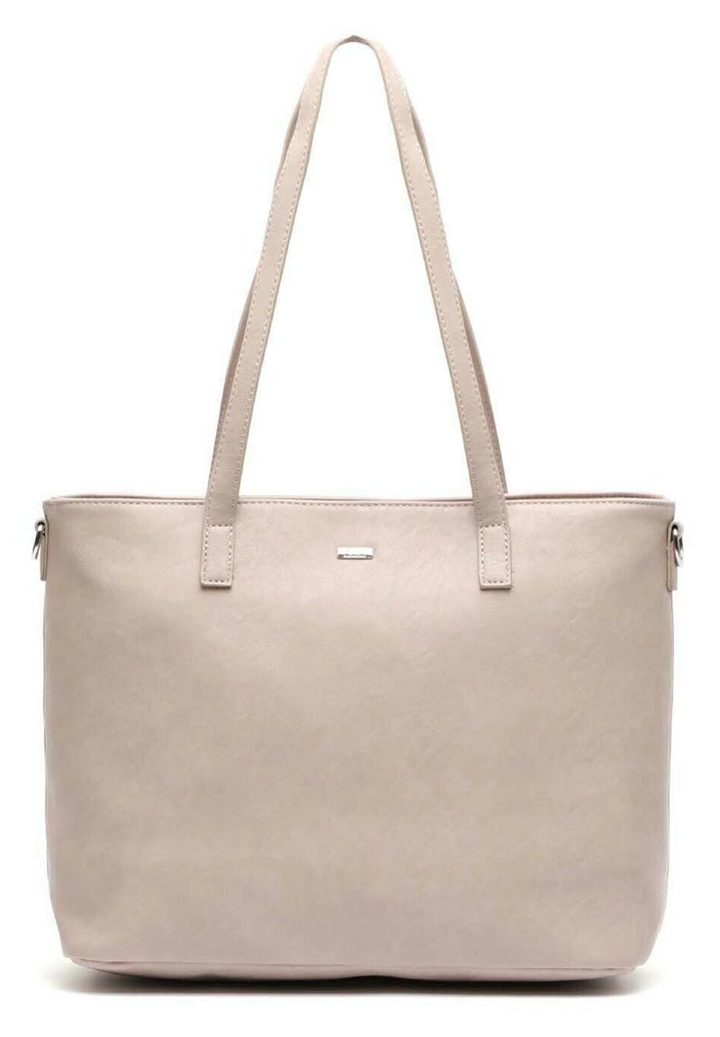 Borsa a spalla beige realizzata in materiale sintetico, con due manici, texture liscia, forma rettangolare e un piccolo logo metallico.