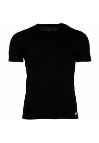 T-shirt nera a maniche corte in cotone, con scollatura rotonda e una piccola etichetta del logo sul lato in basso a destra.