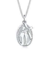 Sidabrinė pakabuko vėrinys su ovalo formos medalionu, ant kurio reljefe pavaizduota figūra ir kryžius, kabantis ant plonos grandinėlės.