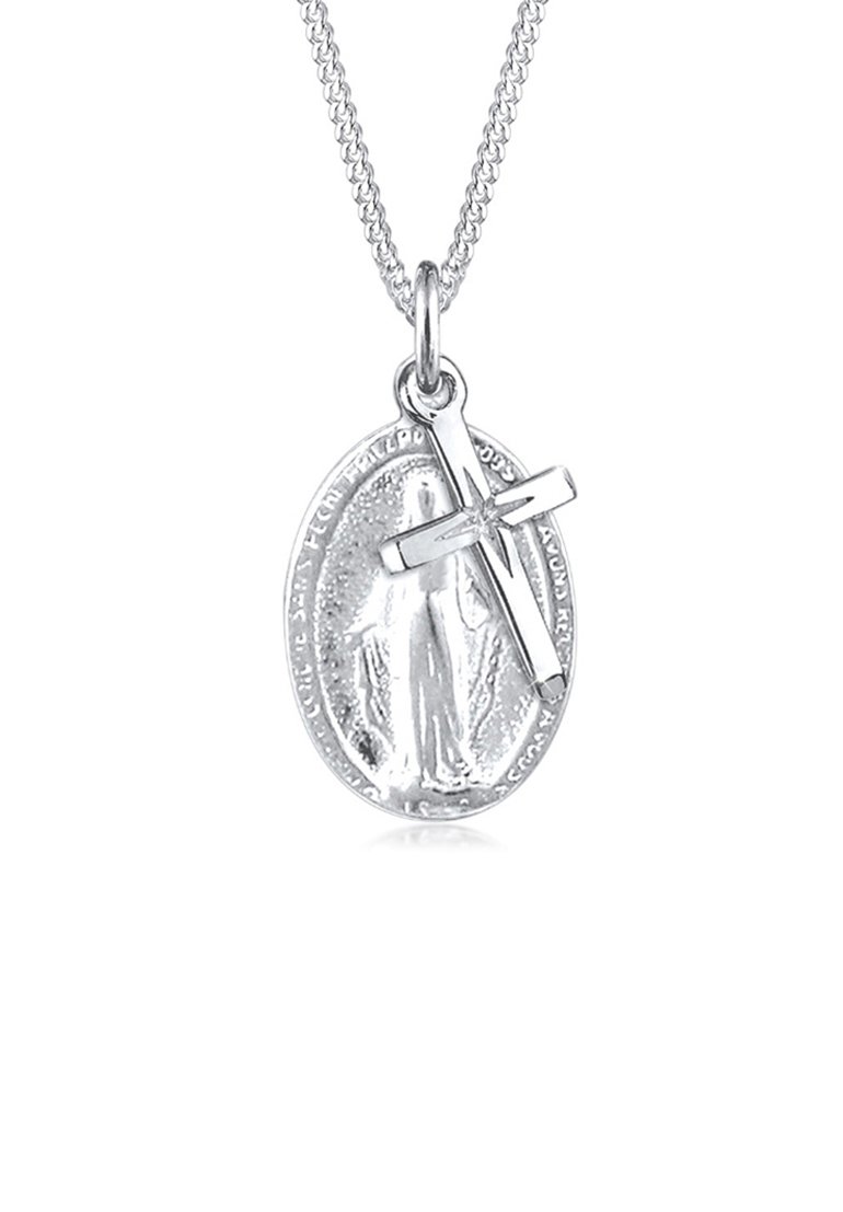 Elli Collana Donna Con Ciondolo Marienbild E Stella - Argento Sterling 925, Catena Piselli 45 Cm, Design Moderno Fatto A Mano