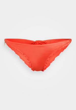 Red bikini bottoms with scalloped edges, a side zipper, and a tied bow at the back, shown against a plain background.