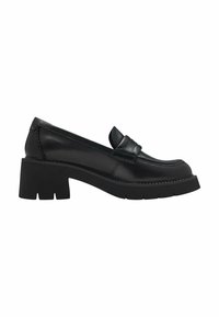 Mocassino in pelle nera con tacco basso e robusto, punta rotonda e dettagli cuciti. Il design presenta un accento a fascia frontale.