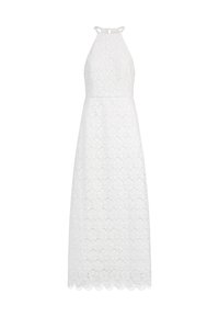 Witte kanten halterjurk met bloemenpatroon, strakke lijfje en een uitlopende rok. Golvende zoom en een striksluiting bij de hals.