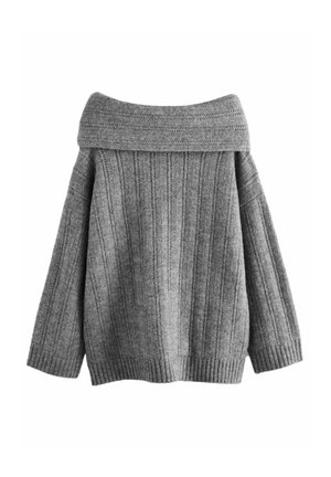Pull gris en maille épaules dénudées, manches longues, poignets et ourlet côtelés, avec des rayures texturées verticales.