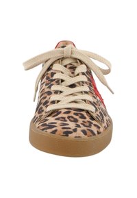 Leopard print lace-up sneaker with beige laces, red accents, smooth texture, and a rubber sole. Features a rounded toe design.