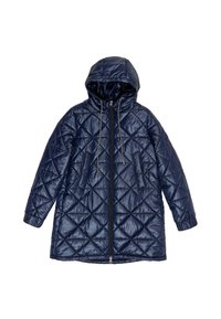 Námořnická modrá prošívaná dlouhá bunda s kapucí, přední zip, šňůrky na kapuci a elastické manžety, navržena pro chladné počasí.