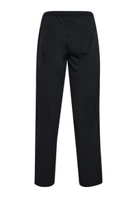 Zwarte, lichte broek met een elastische tailleband, rechte pijpen en een gladde textuur, zonder zichtbare hardware of patronen.