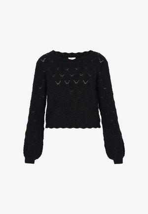 Pulover negru scurt cu model tricotat texturat, mâneci lungi și decolteu rotund. Prezintă puncte deschise și tiv ondulat.