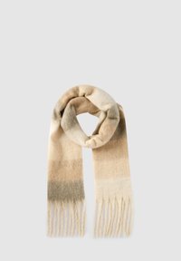 Sciarpa striata beige e marrone chiaro realizzata in materiale morbido; presenta bordi frangiati e un design aloop per una facile vestibilità.