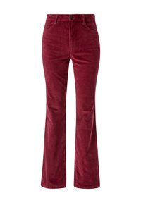 Pantalon flare en velours côtelé bordeaux profond, doté d'une fermeture à bouton, de poches avant et d'une finition douce et texturée.