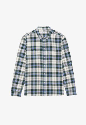Green and white plaid shirt with blue accents, featuring a button-down collar, long sleeves, and a chest pocket. Made from soft fabric.