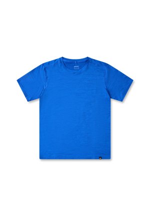 Blauwe t-shirt met korte mouwen gemaakt van een gestructureerde, lichte stof. Heeft een ronde hals en een klein merkje aan de onderkant links.
