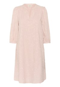 Light pink dress with three-quarter sleeves, embroidered floral patterns, a notched collar, and a relaxed fit. Soft fabric texture.