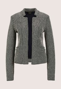 Schwarz-weiß gemusterte Blazerjacke mit langen Ärmeln, einem kragenlosen Design, zwei seitlichen Taschen und einer leicht strukturierten Passform.