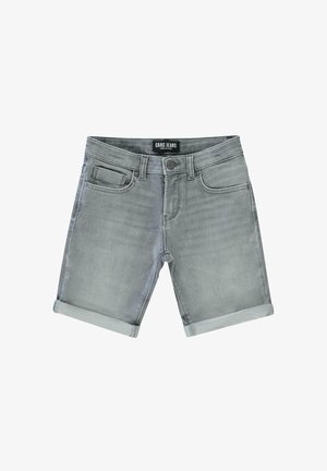 Grijze denim shorts met opgerolde manchetten, vijf-pocket ontwerp en een merklabel bij de tailleband. Zorgt voor een gladde textuur met een vervaagde afwerking.