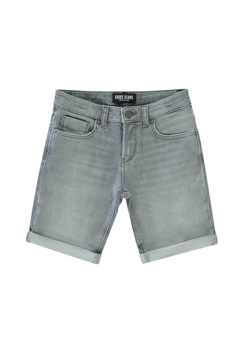 Grijze denim shorts met opgerolde manchetten, vijf-pocket ontwerp en een merklabel bij de tailleband. Zorgt voor een gladde textuur met een vervaagde afwerking.