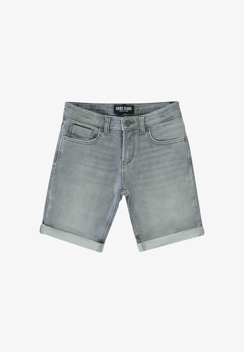 Grijze denim shorts met opgerolde manchetten, vijf-pocket ontwerp en een merklabel bij de tailleband. Zorgt voor een gladde textuur met een vervaagde afwerking.