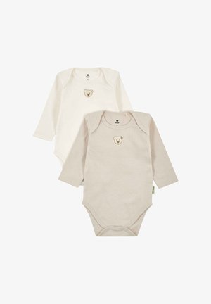 Zwei langärmelige Babybodys, einer in Creme und einer in Beige, jeweils mit einem kleinen Teddybärgesicht auf der Brust und Druckknöpfen am unteren Ende.