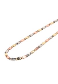 Kædehalskæde i guld, sølv og rosaguld metal med vekslende ovale led med polerede overflader og en glat tekstur.
