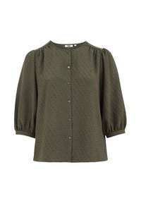Blusa verde oliva con maniche a sbuffo, scollo rotondo e chiusura frontale con bottoni. Tessuto testurizzato con sottili punti in rilievo su tutta la superficie.