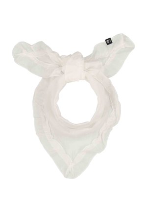 Weißer, transparenter Stoffschal mit gerafften Kanten, locker verknotet, mit einem kleinen schwarzen Markenschild an einem Ende.