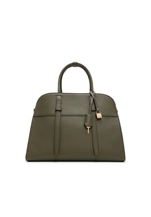 Olive green leather handbag with two handles, gold hardware, a key accent, and structured design. Smooth texture, rectangular shape.