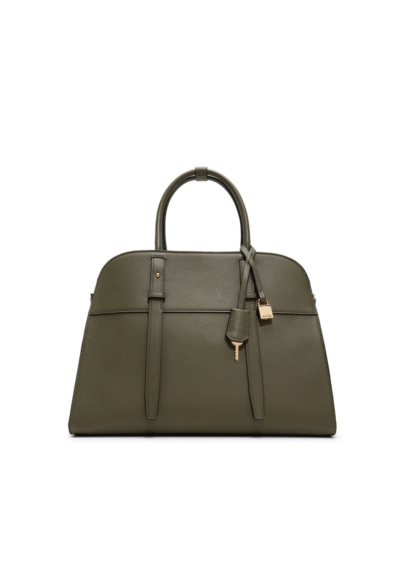 Borsa in pelle verde oliva con due manici, accessori in oro, un dettaglio a forma di chiave e design strutturato. Texture liscia, forma rettangolare.