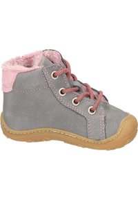 Stivali alla caviglia grigi per bambini con lacci rosa, fodera fuzzy rosa, cuciture rosa e suola e punta in gomma beige.