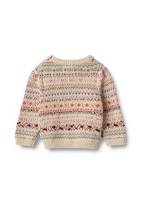 Pull en tricot crème avec des motifs géométriques et de cœurs multicolores. Présente un col rond et des poignets côtelés, une texture douce et une coupe médium.