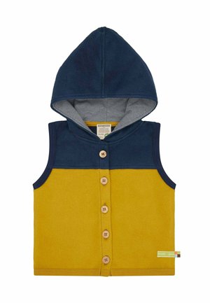 Sleeveless hooded vest for toddlers with navy blue top, mustard yellow body, front wooden buttons, and striped inner hood lining.