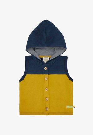 Mouwloos capuchonvestje voor peuters met een donkerblauw bovenstuk, mosterdgele romp, houten knopen aan de voorkant en een gestreepte binnenvoering in de capuchon.