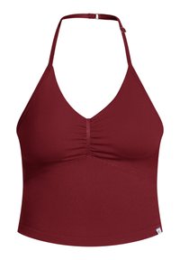 Bordeaux halterneck bh-top heeft een V-hals, geplooide details bij de buste en een gladde, elastische stof voor comfort.