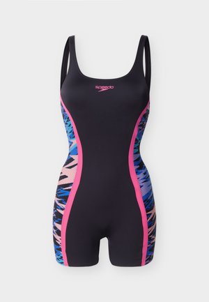 Ολόσωμο μαύρο μαγιό Speedo με ροζ πλαϊνές πινελιές και αφηρημένα μοτίβα σε μπλε, ροζ και μαύρο στα πλαϊνά και τα πόδια.