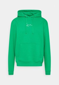 Sudadera verde hecha de tela de mezcla de algodón, con un bolsillo canguro, capucha con cordón y un logotipo bordado en blanco en el pecho.