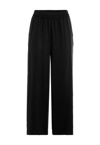 Pantalons noirs à jambes larges avec ceinture élastique, en tissu lisse et coupe décontractée, présentés sur un fond blanc uni.