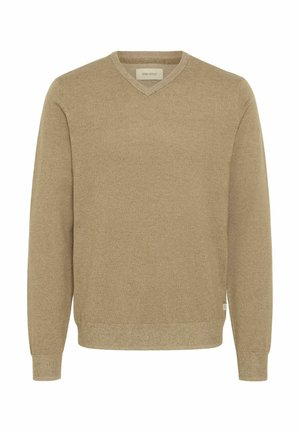 Pulover bej cu decolteu în V, fabricat dintr-un material tricotat, având mâneci lungi, manșete cu nervuri și o textură solidă. Etichetă de marcă subtilă la tiv.