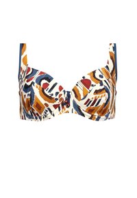 Biustonosz z fiszbinami w wielokolorowy abstrakcyjny wzór w odcieniach pomarańczowym, granatowym i kremowym. Posiada szerokie ramiączka oraz centralny element dekoracyjny.