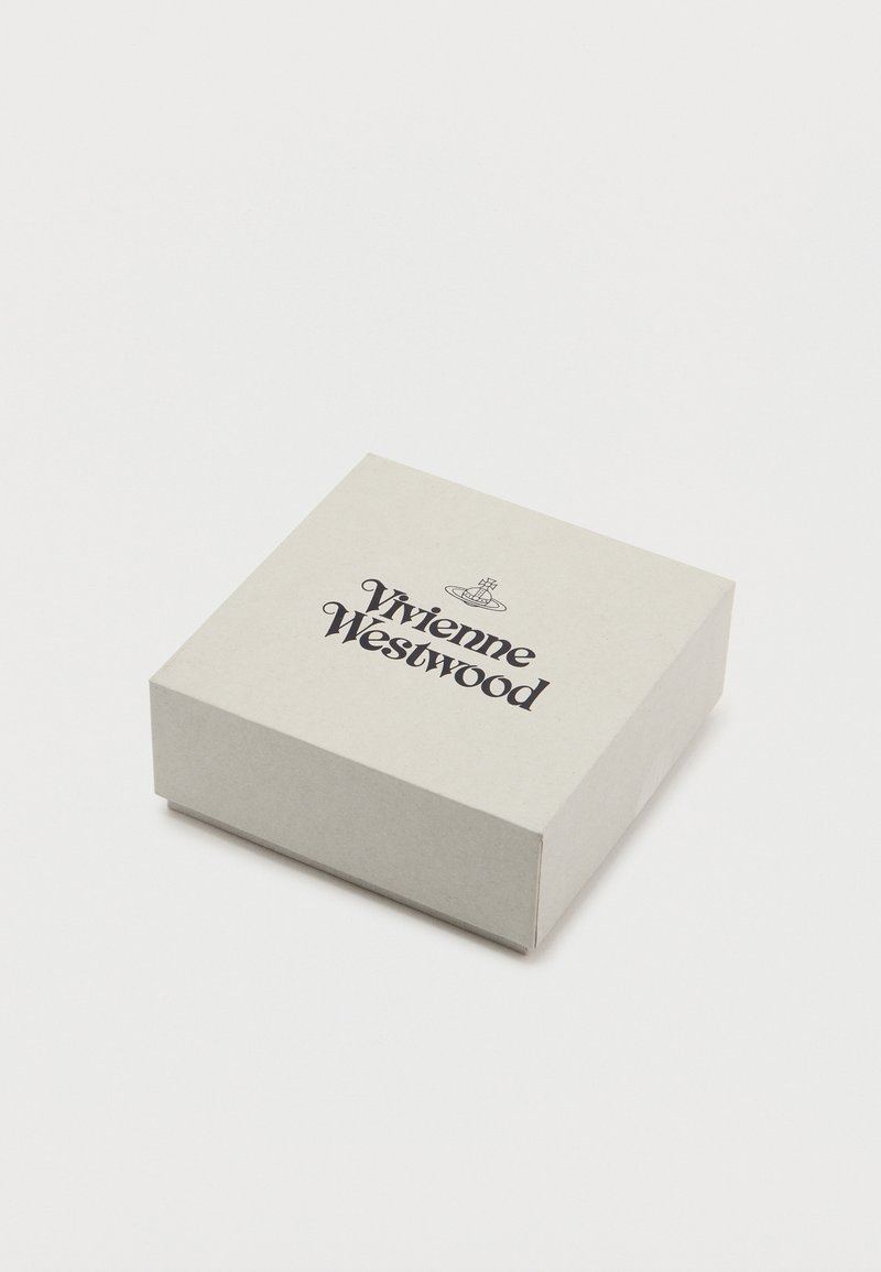 Vivienne Westwood packaging box in light gray cardboard, square shape, featuring prominent black brand logo and decorative crown detail on top.
