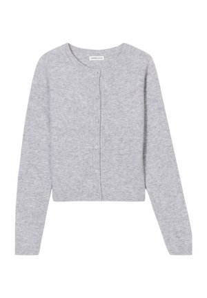 Grijze gebreide cardigan met een ronde halslijn, lange mouwen en een voorknopsluiting. Zachte textuur en cropped ontwerp.