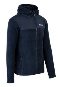 Navyblaue Fleecejacke mit Kapuze, mit einem Reißverschluss auf der Vorderseite, Seitentaschen und einer kontrastierenden Panele auf der oberen Brust. Weicher Stoff.