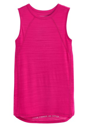 Débardeur de sport rose vif sans manches avec col rond et texture horizontale subtile, avec le texte "PLUS EN FORME, PLUS FORT ET PLUS HEUREUX !" sur l'ourlet.